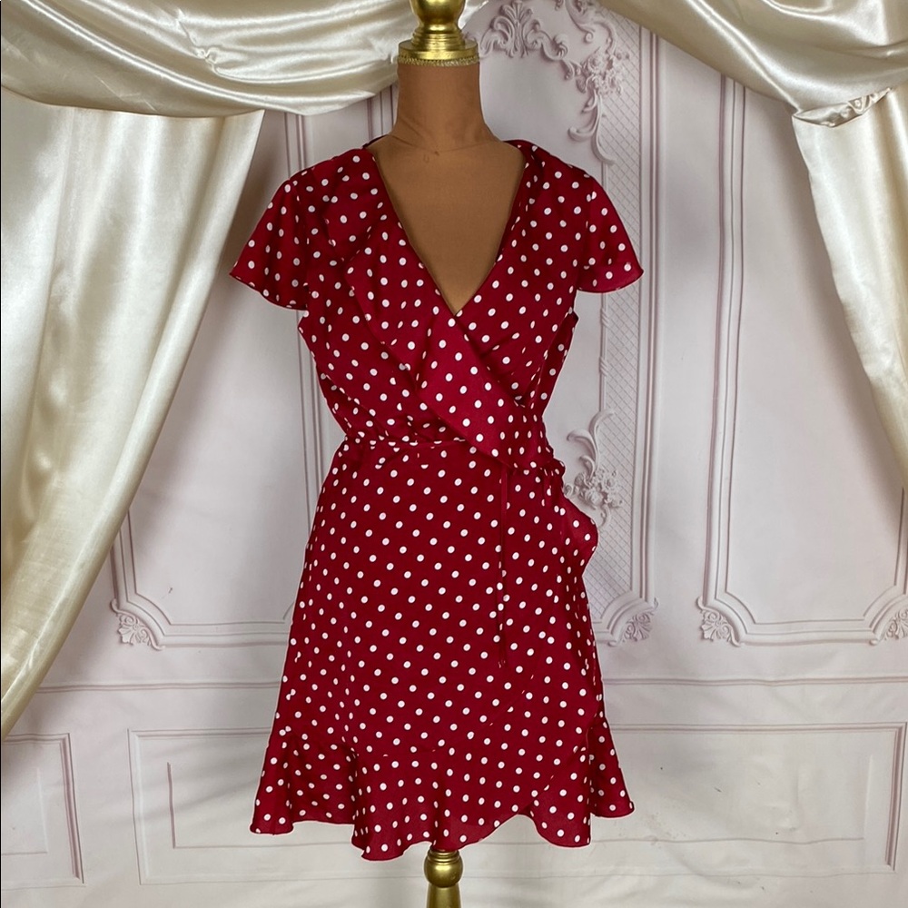 Elegant Red Polka Dot Wrap Dress